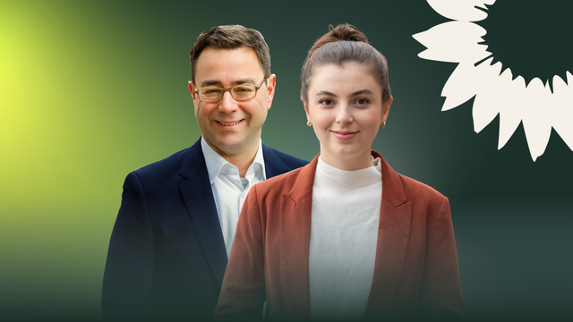 Sebastian Schäfer (links) und Clara Schweizer (rechts) vor grünem Hintergrund.